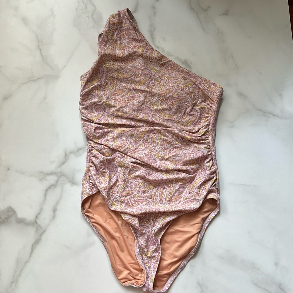 Jcrew One shoulder swimsuit. Size 6 pink paisley print